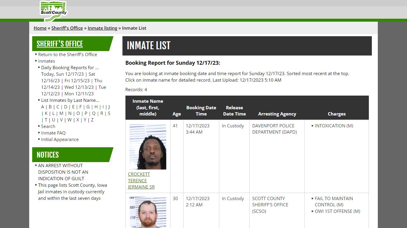 Inmate List - Scott County, Iowa